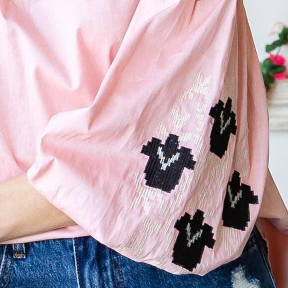 Band Collar Embroidered Puff Sleeve Peasant Blouse - Picture 7 of 11